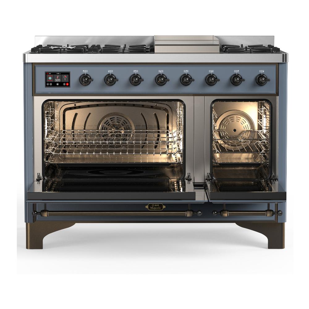Ilve UM48FQNR3BGB Ilve Um48Fqnr3Bgb Majestic Iii 48 Inch Dual Fuel Range With 8 Burners And Griddle, Dual Function Burner Up To 25,000 Btu (Natural Gas, Solid Door, Blue Grey, Burnished)