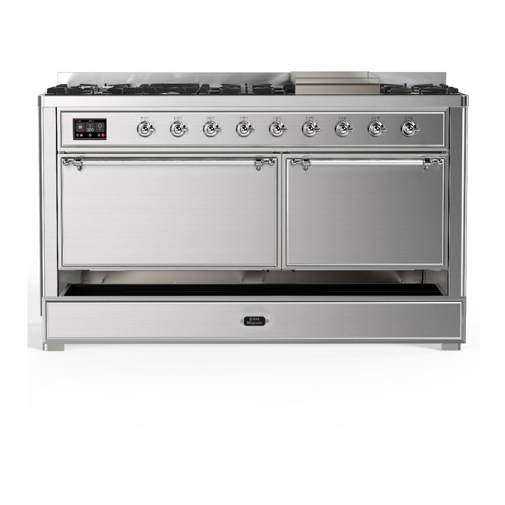 Ilve UM60FQNR3SSC Ilve Um60Fqnr3Ssc Majestic Iii 60 Inch Dual Fuel Range With 9 Burners And Griddle, Dual Function Burner Up To 25,000 Btu (Natural Gas, Solid Door, Stainless Steel, Chrome)