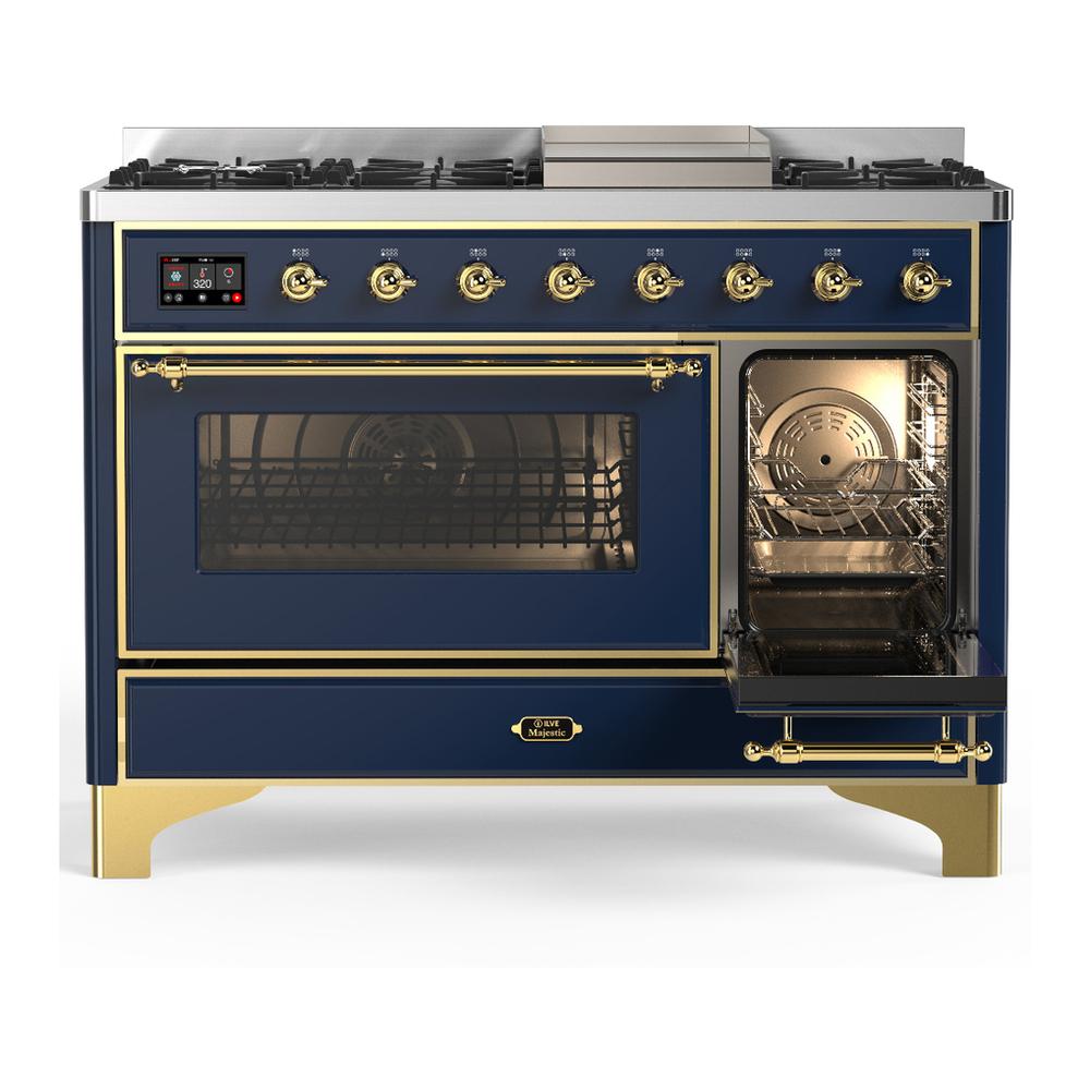 Ilve UM48FNR3MBGLP Ilve Um48Fnr3Mbglp Majestic Iii 48 Inch Dual Fuel Range With 8 Burners And Griddle, Dual Function Burner Up To 25,000 Btu (Liquid Propane, Triple Glass Door, Midnight Blue, Brass)
