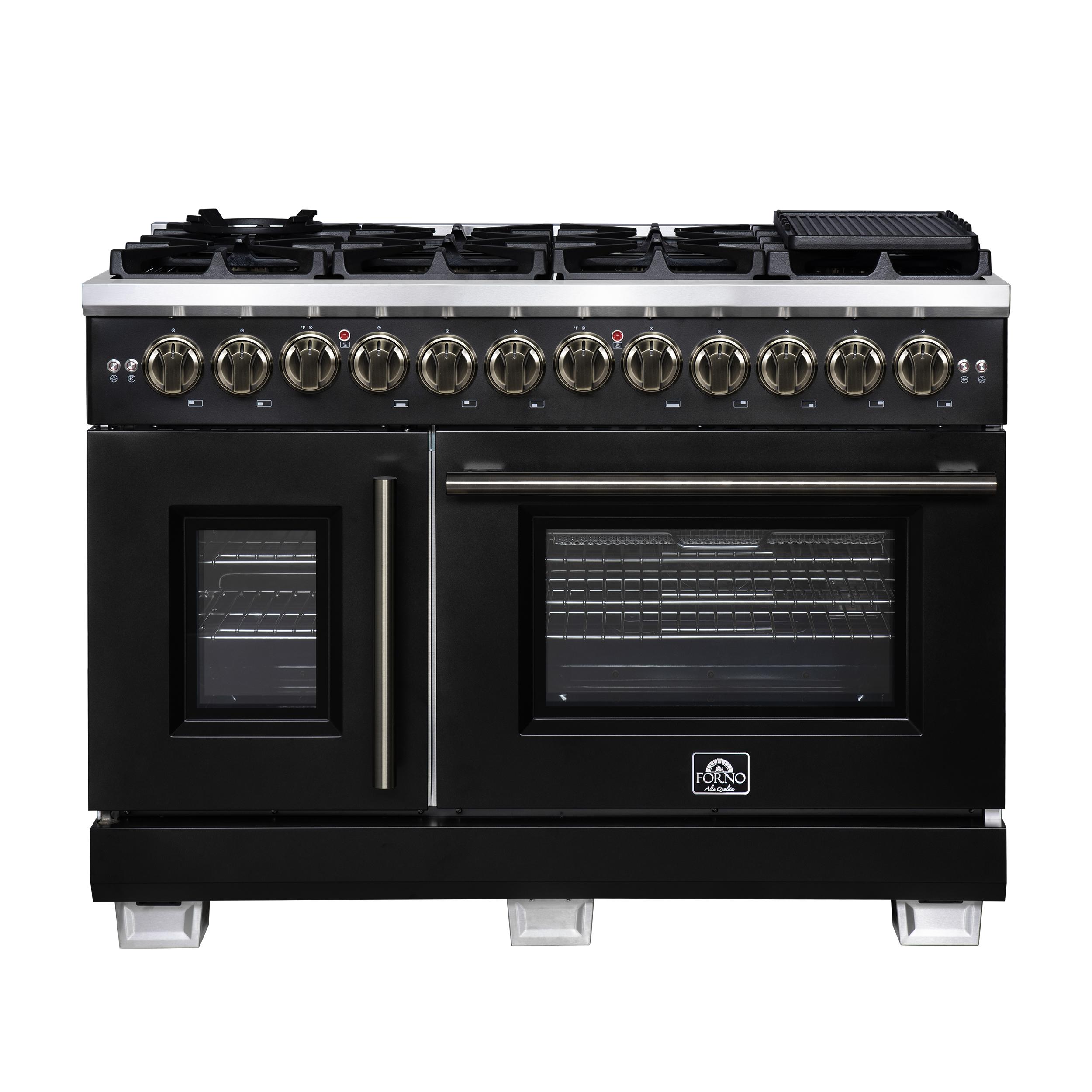 Forno FFSGS638748BLK Forno Capriasca 48 Inch Freestanding French Door Dual Fuel Range In Black With Antique Brass Accessories, 8 Burners, True Convection Oven