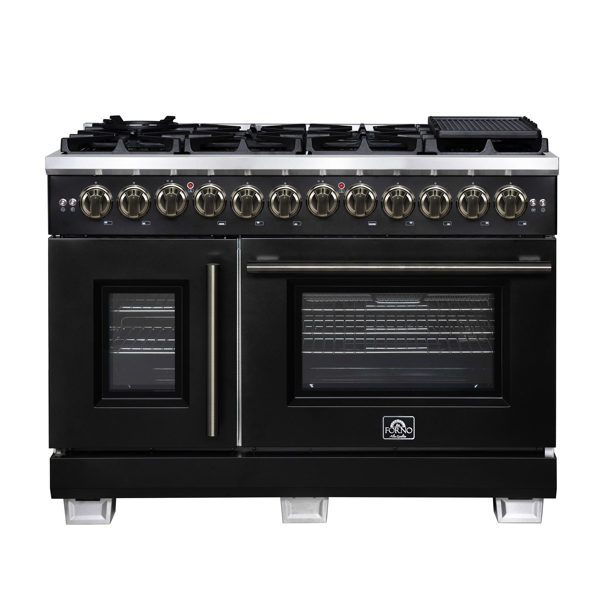 Forno FFSGS638748BLK Forno Capriasca 48 Inch Freestanding French Door Dual Fuel Range In Black With Antique Brass Accessories, 8 Burners, True Convection Oven