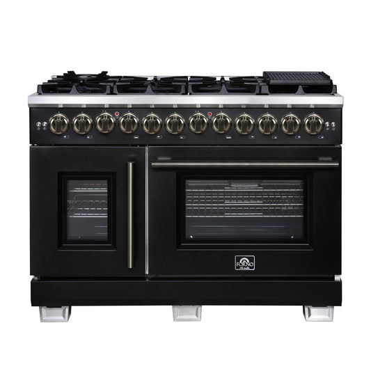 Forno FFSGS638748BLK Forno Capriasca 48 Inch Freestanding French Door Dual Fuel Range In Black With Antique Brass Accessories, 8 Burners, True Convection Oven