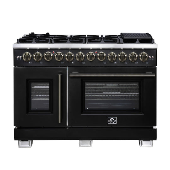 Forno FFSGS638748BLK Forno Capriasca 48 Inch Freestanding French Door Dual Fuel Range In Black With Antique Brass Accessories, 8 Burners, True Convection Oven