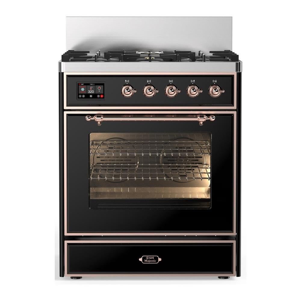 Ilve UM30NR3BKP Ilve Um30Nr3Bkp Majestic Iii 30 Inch Dual Fuel Range With 5 Black Brass Burners, Dual Function Burner Up To 25,000 Btu (Natural Gas, Triple Glass Door, Glossy Black, Copper)