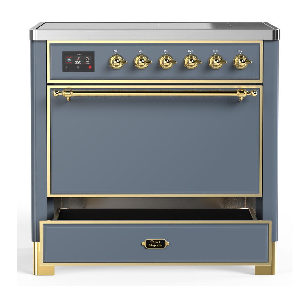 Ilve UMIB36QNR3BGG Ilve Umib36Qnr3Bgg Majestic Iii 36 Inch Induction Range With 6 Elements, 3.5 Cu. Ft. Total Oven Capacity (Solid Door, Blue Grey, Brass)