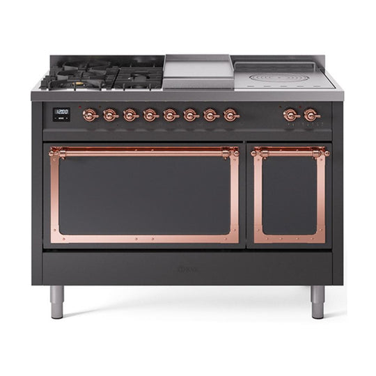 Ilve UN48FSQNMPMGP Ilve Un48Fsqnmpmgp Nostalgie Ii Noblesse 48" Dual Fuel Range (5 Sealed Burners + Griddle + French Top, Natural Gas, Solid Door, Graphite Matte, Copper)