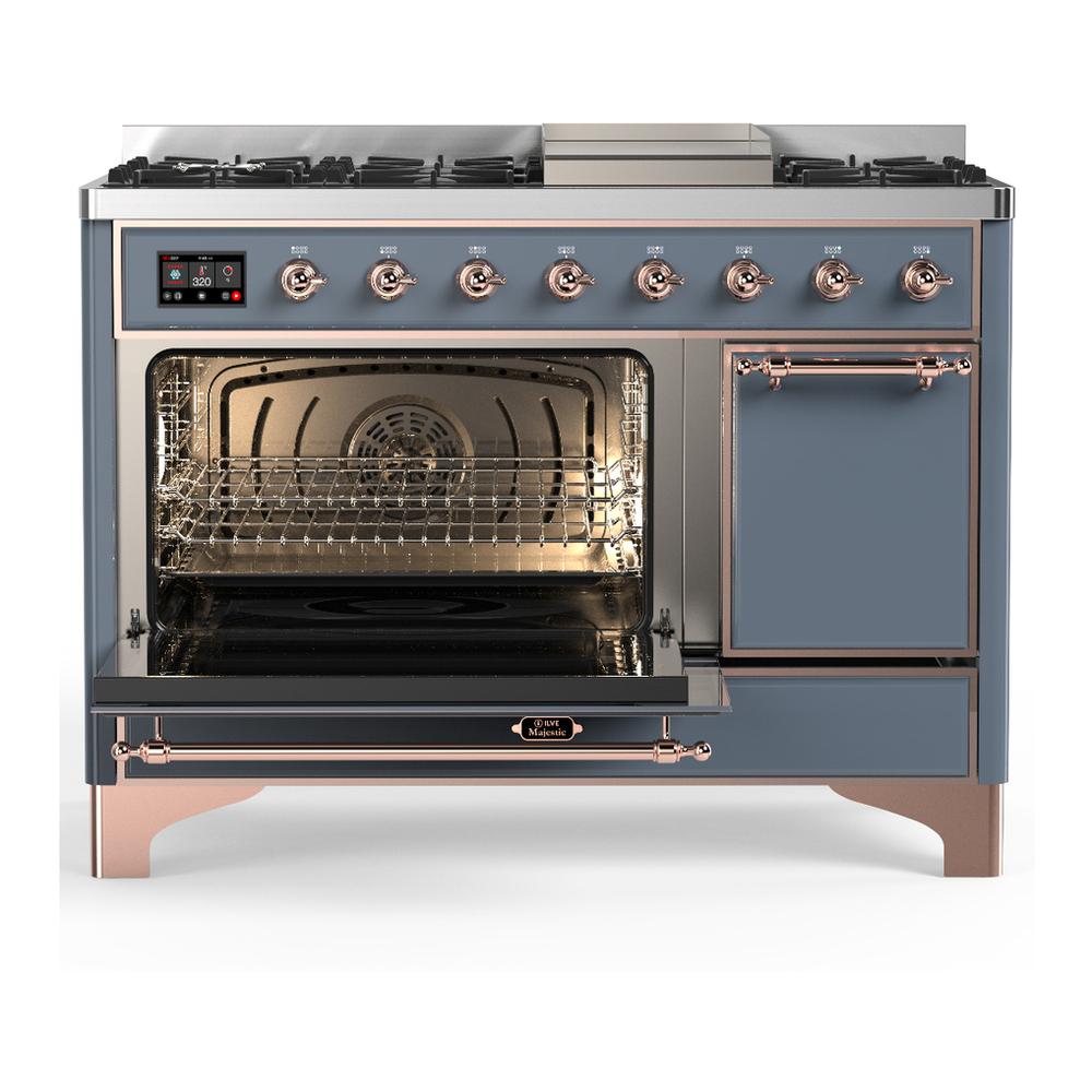 Ilve UM48FQNR3BGP Ilve Um48Fqnr3Bgp Majestic Iii 48 Inch Dual Fuel Range With 8 Burners And Griddle, Dual Function Burner Up To 25,000 Btu (Natural Gas, Solid Door, Blue Grey, Copper)