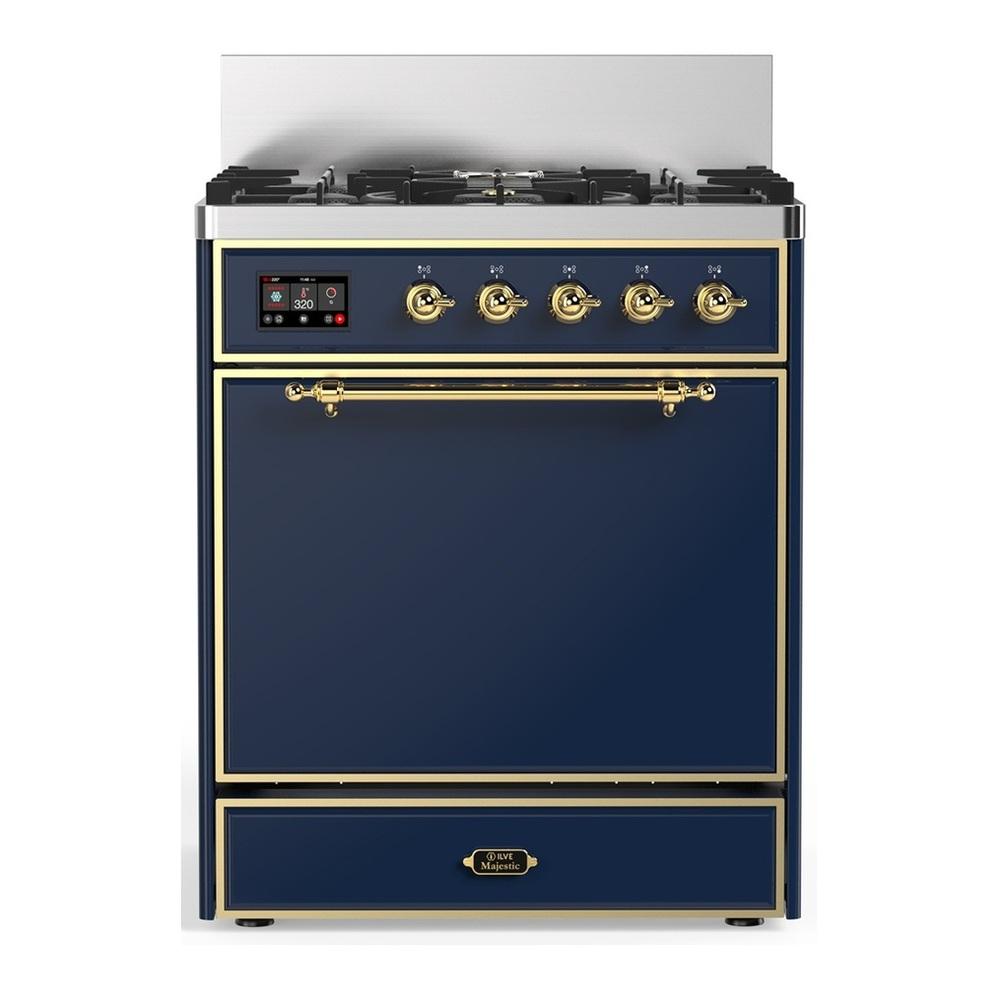 Ilve UM30QNR3MBG Ilve Um30Qnr3Mbg Majestic Iii 30 Inch Dual Fuel Range With 5 Black Brass Burners, Dual Function Burner Up To 25,000 Btu (Natural Gas, Solid Door, Midnight Blue, Brass)