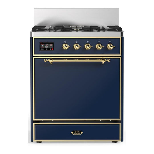 Ilve UM30QNR3MBG Ilve Um30Qnr3Mbg Majestic Iii 30 Inch Dual Fuel Range With 5 Black Brass Burners, Dual Function Burner Up To 25,000 Btu (Natural Gas, Solid Door, Midnight Blue, Brass)