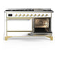 Ilve UM60FQNR3WHGLP Ilve Um60Fqnr3Whglp Majestic Iii 60 Inch Dual Fuel Range With 9 Burners And Griddle, Dual Function Burner Up To 25,000 Btu (Liquid Propane, Solid Door, White, Brass)