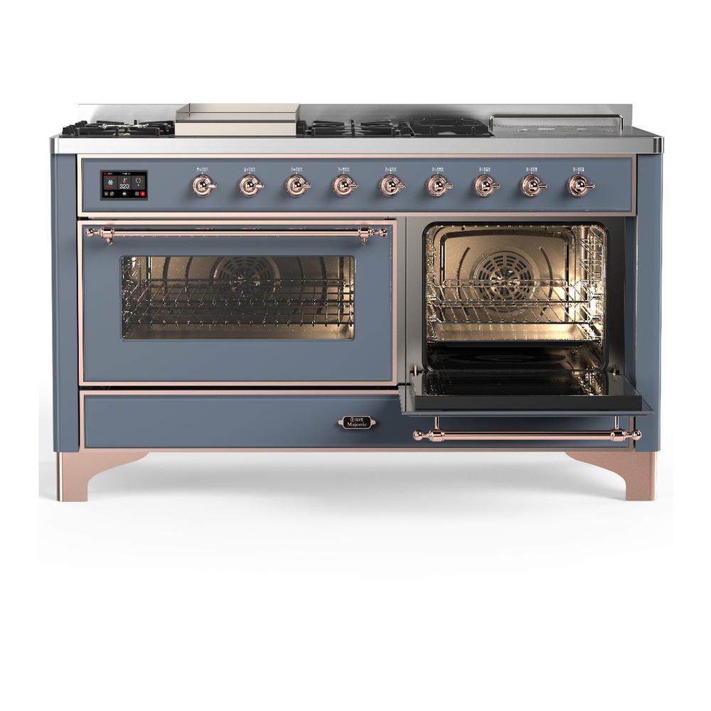 Ilve UM60FSNR3BGPLP Ilve Um60Fsnr3Bgplp Majestic Iii 60 Inch Dual Fuel Range With 7 Burners, Griddle And French Top, Dual Function Burner With Up To 25,000 Btu (Liquid Propane, Triple Glass Door, Blue Grey, Copper)