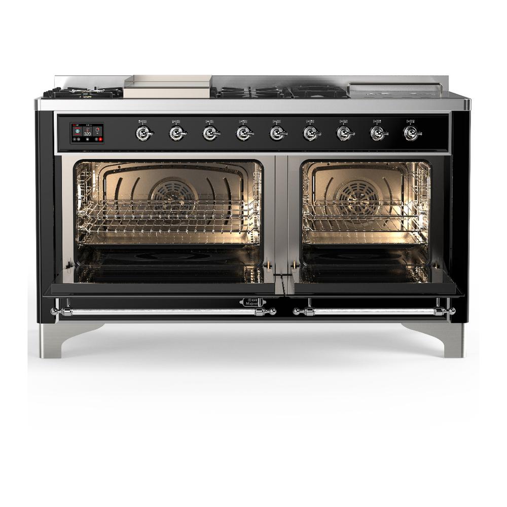 Ilve UM60FSQNR3BKC Ilve Um60Fsqnr3Bkc Majestic Iii 60 Inch Dual Fuel Range With 7 Burners, Griddle And French Top, Dual Function Burner With Up To 25,000 Btu (Natural Gas, Solid Door, Glossy Black, Chrome)