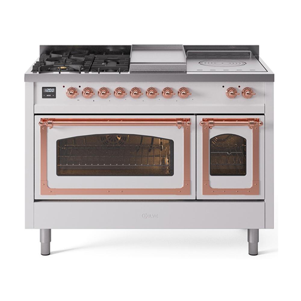 Ilve UN48FSNMPWHPLP Ilve Un48Fsnmpwhplp Nostalgie Ii Noblesse 48" Dual Fuel Range (5 Sealed Burners + Griddle + French Top, Liquid Propane, Triple Glass Door, White, Copper)