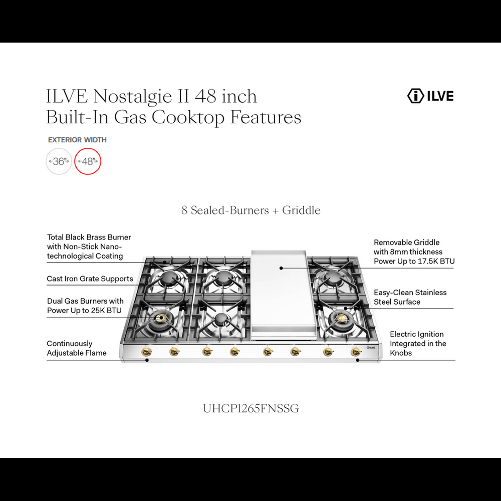 Ilve UHCP1265FNSSGLP Ilve Uhcp1265Fnssglp Nostalgie Ii 48 Inch Gas Cooktop With 8 Burners, Griddle, In Stainless Steel (Liquid Propane, Brass)
