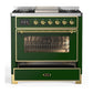 Ilve UM36FNR3EGG Ilve Um36Fnr3Egg Majestic Iii 36 Inch Dual Fuel Range With 6 Black Brass Burners And Griddle, Dual Function Burner Up To 25,000 Btu (Triple Glass Door, Emerald Green, Brass, Natural Gas)