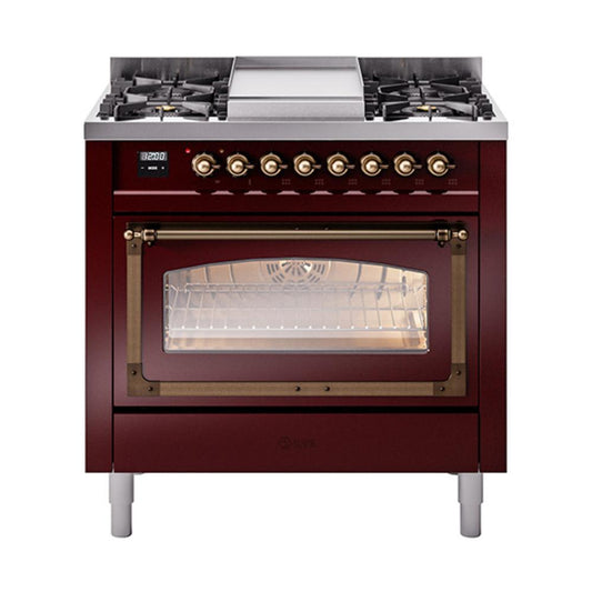 Ilve UN36FNMPBUB Ilve Un36Fnmpbub Nostalgie Ii Noblesse 36" Dual Fuel Range (Natural Gas, Triple Glass Door, Burgundy, Burnished)