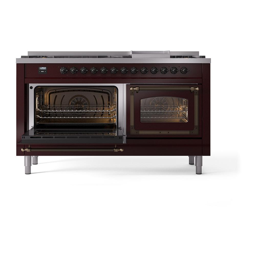 Ilve UN60FNMPBUBLP Ilve Un60Fnmpbublp Nostalgie Ii Noblesse 60" Dual Fuel Range (9 Sealed Burners + Griddle, Liquid Propane, Triple Glass Door, Burgundy, Burnished)