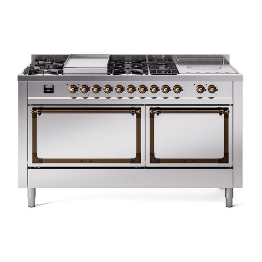 Ilve UN60FSQNMPSSBLP Ilve Un60Fsqnmpssblp Nostalgie Ii Noblesse 60" Dual Fuel Range (7 Sealed Burners + Griddle + French Top, Liquid Propane, Solid Door, Stainless Steel, Burnished)