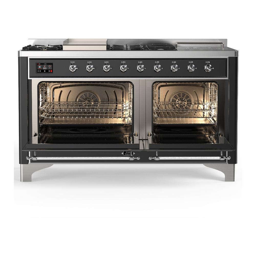 Ilve UM60FSNR3MGCLP Ilve Um60Fsnr3Mgclp Majestic Iii 60 Inch Dual Fuel Range With 7 Burners, Griddle And French Top, Dual Function Burner With Up To 25,000 Btu (Liquid Propane, Triple Glass Door, Graphite Matte, Chrome)