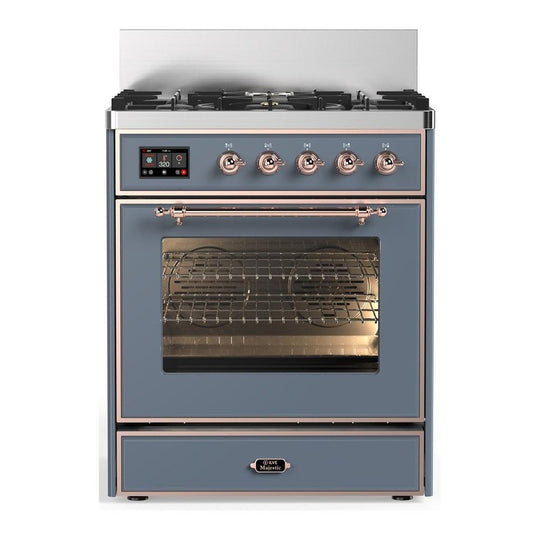 Ilve UM30NR3BGPLP Ilve Um30Nr3Bgplp Majestic Iii 30 Inch Dual Fuel Range With 5 Black Brass Burners, Dual Function Burner Up To 25,000 Btu (Liquid Propane, Triple Glass Door, Blue Grey, Copper)