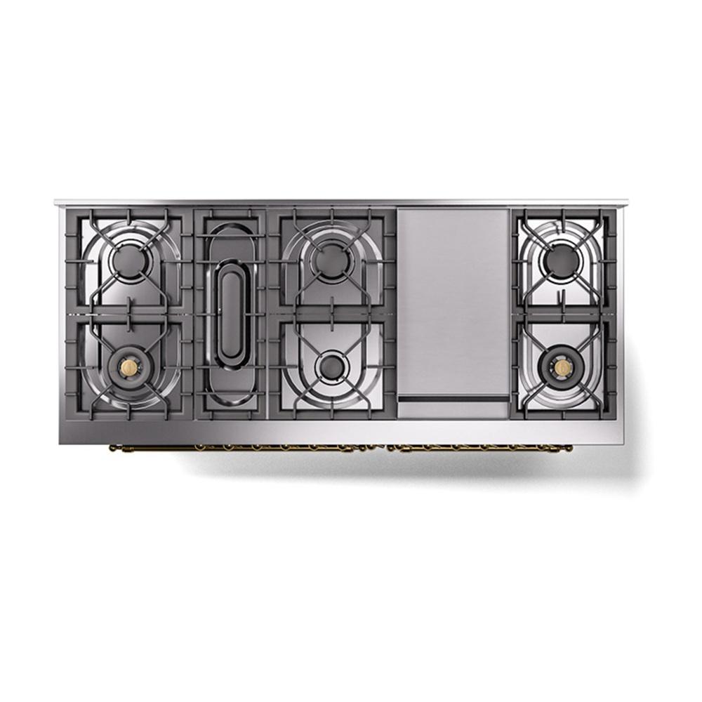 Ilve UN60FNMPBGG Ilve Un60Fnmpbgg Nostalgie Ii Noblesse 60" Dual Fuel Range (9 Sealed Burners + Griddle, Natural Gas, Triple Glass Door, Blue Grey, Brass)