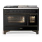 Ilve UM48FSNR3BKBLP Ilve Um48Fsnr3Bkblp Majestic Iii 48 Inch Dual Fuel Range With 5 Black Brass Burners, Griddle And French Top, Dual Function Burner Up To 25,000 Btu (Liquid Propane, Triple Glass Door, Glossy Black, Burnished)