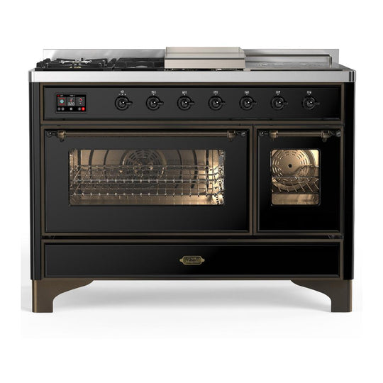 Ilve UM48FSNR3BKBLP Ilve Um48Fsnr3Bkblp Majestic Iii 48 Inch Dual Fuel Range With 5 Black Brass Burners, Griddle And French Top, Dual Function Burner Up To 25,000 Btu (Liquid Propane, Triple Glass Door, Glossy Black, Burnished)