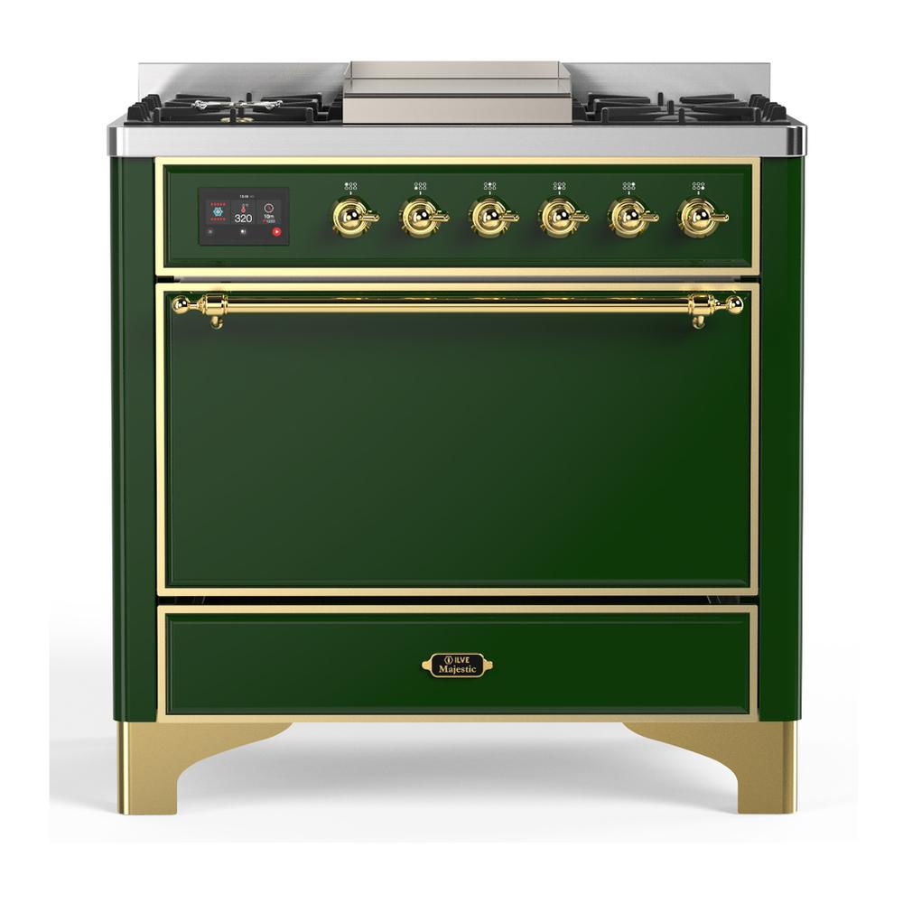 Ilve UM36FQNR3EGG Ilve Um36Fqnr3Egg Majestic Iii 36 Inch Dual Fuel Range With 6 Black Brass Burners And Griddle, Dual Function Burner Up To 25,000 Btu (Solid Door, Emerald Green, Brass, Natural Gas)