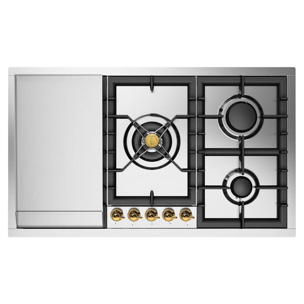 Ilve UHCPT95FNSSG Ilve Uhcpt95Fnssg Nostalgie Ii 36 Inch Built-In Gas Cooktop With Total Black Brass Burners, In Stainless Steel (5 Sealed Burners + Griddle, Natural Gas)