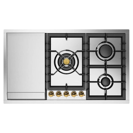 Ilve UHCPT95FNSSG Ilve Uhcpt95Fnssg Nostalgie Ii 36 Inch Built-In Gas Cooktop With Total Black Brass Burners, In Stainless Steel (5 Sealed Burners + Griddle, Natural Gas)