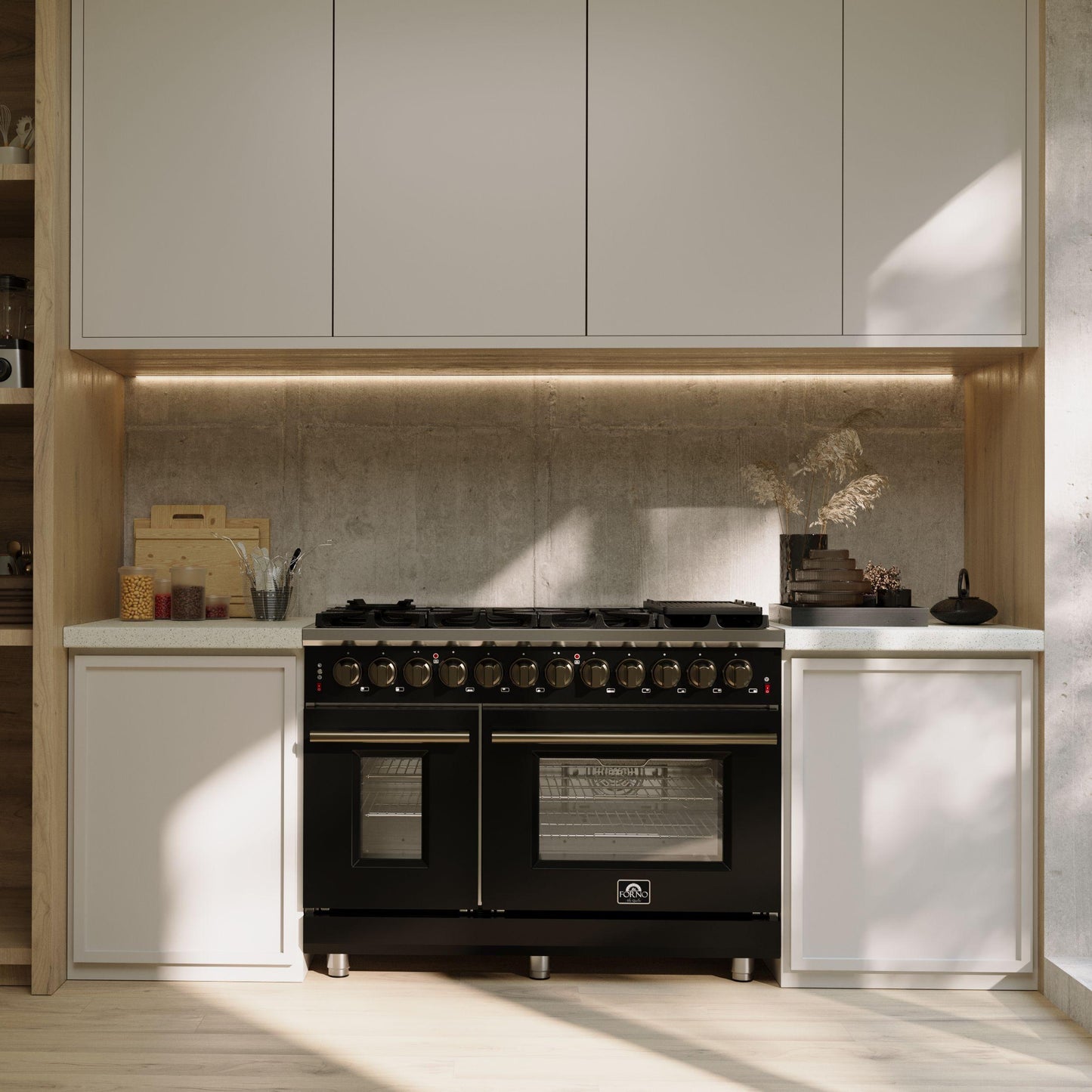 Forno FFSGS612548BLK Forno Massimo 48 Inch Freestanding Dual Fuel Range In Black With Antique Brass Accessories, 8 Burners, 6.58 Cu. Ft. Convection Oven