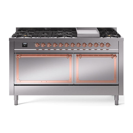 Ilve UN60FQNMPSSPLP Ilve Un60Fqnmpssplp Nostalgie Ii Noblesse 60" Dual Fuel Range (9 Sealed Burners + Griddle, Liquid Propane, Solid Door, Stainless Steel, Copper)