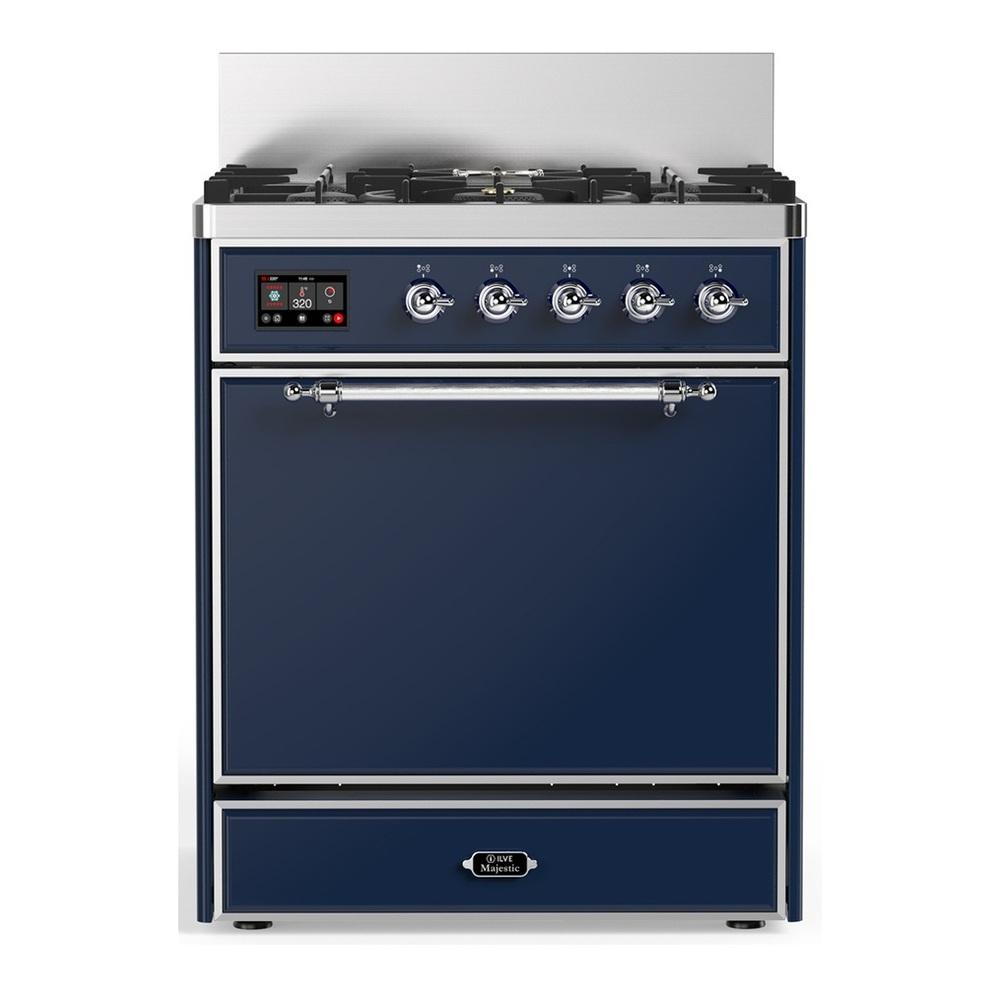 Ilve UM30QNR3MBC Ilve Um30Qnr3Mbc Majestic Iii 30 Inch Dual Fuel Range With 5 Black Brass Burners, Dual Function Burner Up To 25,000 Btu (Natural Gas, Solid Door, Midnight Blue, Chrome)