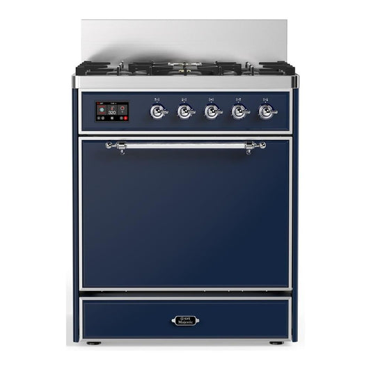 Ilve UM30QNR3MBC Ilve Um30Qnr3Mbc Majestic Iii 30 Inch Dual Fuel Range With 5 Black Brass Burners, Dual Function Burner Up To 25,000 Btu (Natural Gas, Solid Door, Midnight Blue, Chrome)