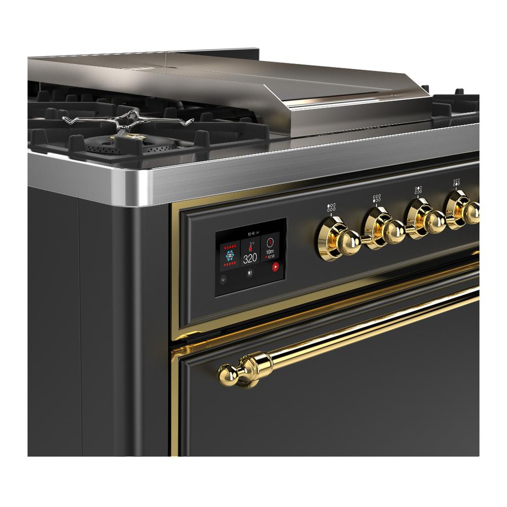 Ilve UM36FQNR3MGGLP Ilve Um36Fqnr3Mgglp Majestic Iii 36 Inch Dual Fuel Range With 6 Black Brass Burners And Griddle, Dual Function Burner Up To 25,000 Btu (Solid Door, Graphite Matte, Brass, Liquid Propane)