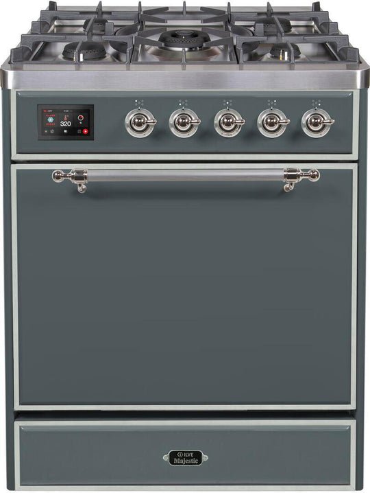 Ilve UM30DQNE3BGC Majestic Ii 30 Inch Dual Fuel Natural Gas Freestanding Range In Blue Grey With Chrome Trim