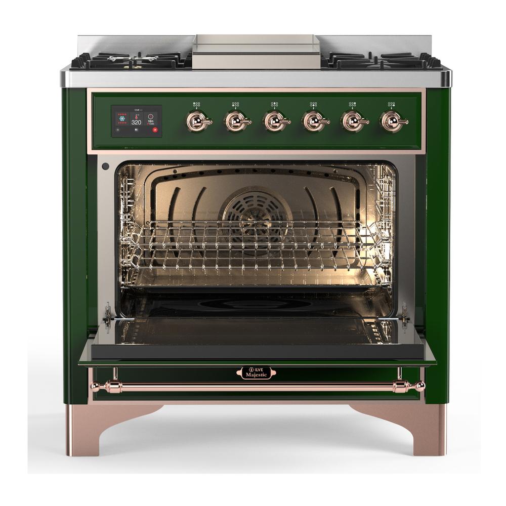 Ilve UM36FNR3EGPLP Ilve Um36Fnr3Egplp Majestic Iii 36 Inch Dual Fuel Range With 6 Black Brass Burners And Griddle, Dual Function Burner Up To 25,000 Btu (Triple Glass Door, Emerald Green, Copper, Liquid Propane)