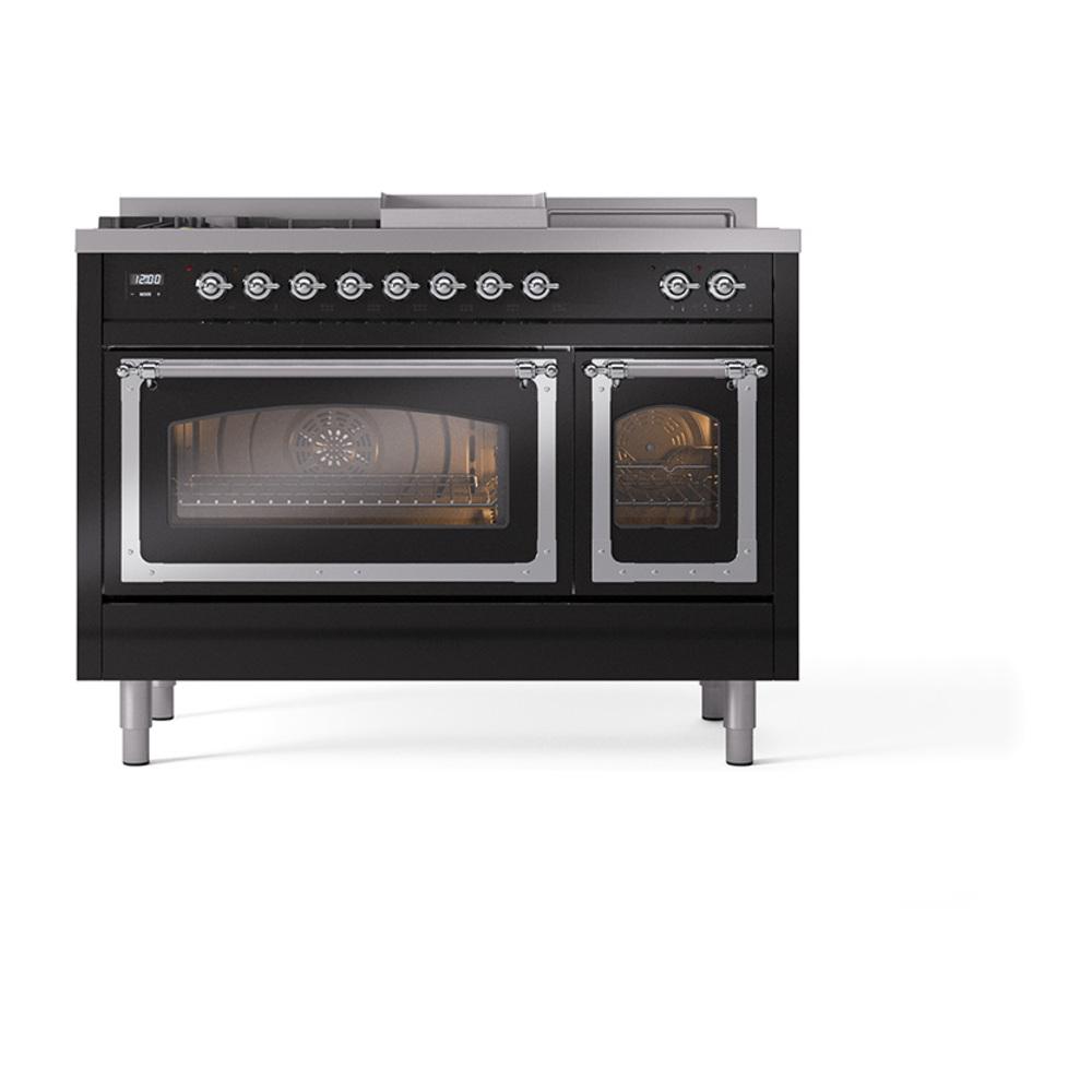 Ilve UN48FSNMPBKCLP Ilve Un48Fsnmpbkclp Nostalgie Ii Noblesse 48" Dual Fuel Range (5 Sealed Burners + Griddle + French Top, Liquid Propane, Triple Glass Door, Glossy Black, Chrome)