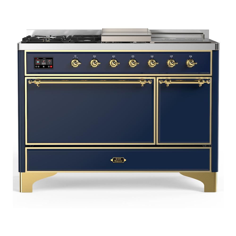 Ilve UM48FSQNR3MBGLP Ilve Um48Fsqnr3Mbglp Majestic Iii 48 Inch Dual Fuel Range With 5 Black Brass Burners, Griddle And French Top, Dual Function Burner Up To 25,000 Btu (Liquid Propane, Solid Door, Midnight Blue, Brass)