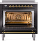 Ilve UPI366NMPBKG Nostalgie Ii 36 Inch Electric Freestanding Range In Glossy Black With Brass Trim
