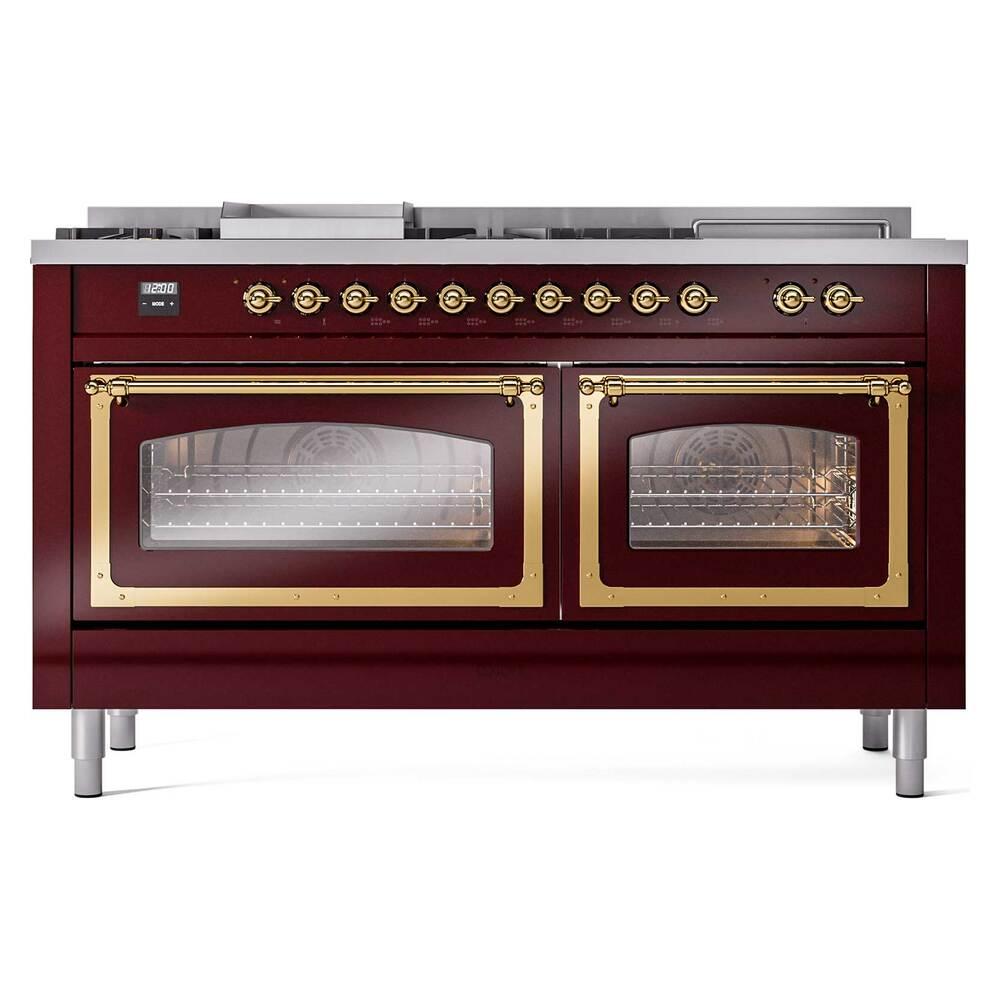 Ilve UN60FSNMPBUG Ilve Un60Fsnmpbug Nostalgie Ii Noblesse 60" Dual Fuel Range (7 Sealed Burners + Griddle + French Top, Natural Gas, Triple Glass Door, Burgundy, Brass)