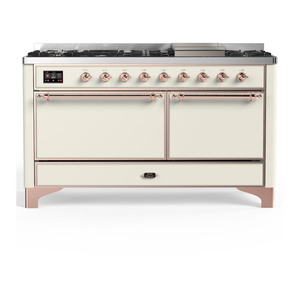 Ilve UM60FQNR3AWP Ilve Um60Fqnr3Awp Majestic Iii 60 Inch Dual Fuel Range With 9 Burners And Griddle, Dual Function Burner Up To 25,000 Btu (Natural Gas, Solid Door, Antique White, Copper)