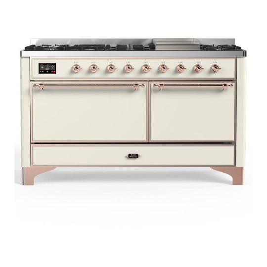 Ilve UM60FQNR3AWP Ilve Um60Fqnr3Awp Majestic Iii 60 Inch Dual Fuel Range With 9 Burners And Griddle, Dual Function Burner Up To 25,000 Btu (Natural Gas, Solid Door, Antique White, Copper)