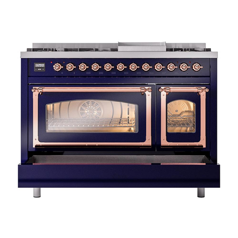 Ilve UN48FNMPMBP Ilve Un48Fnmpmbp Nostalgie Ii Noblesse 48" Dual Fuel Range (8 Sealed Burners + Griddle, Natural Gas, Triple Glass Door, Midnight Blue, Copper)