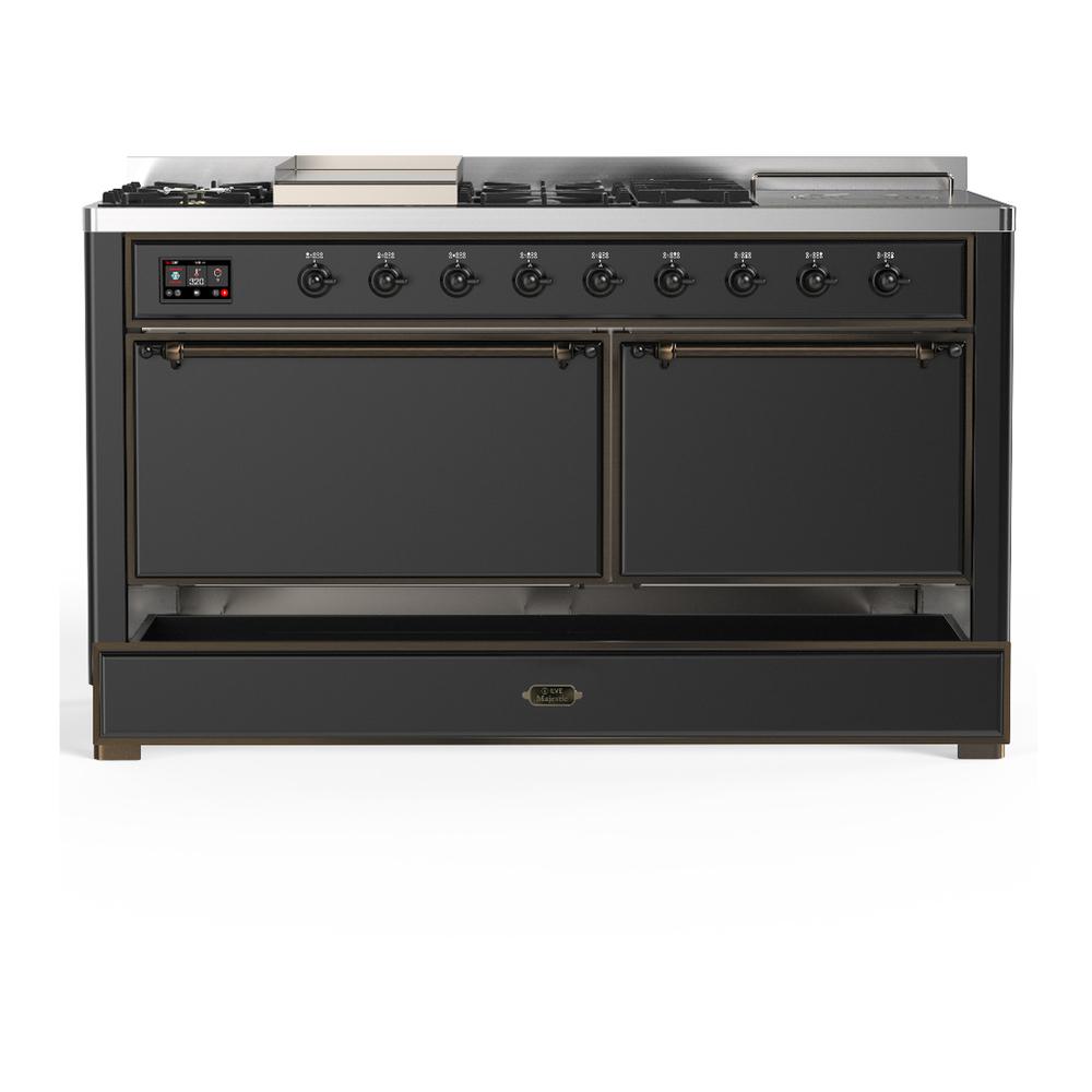Ilve UM60FSQNR3MGBLP Ilve Um60Fsqnr3Mgblp Majestic Iii 60 Inch Dual Fuel Range With 7 Burners, Griddle And French Top, Dual Function Burner With Up To 25,000 Btu (Liquid Propane, Solid Door, Graphite Matte, Burnished)