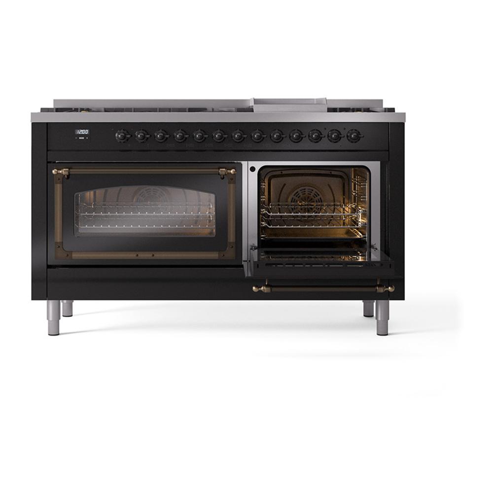 Ilve UN60FNMPBKBLP Ilve Un60Fnmpbkblp Nostalgie Ii Noblesse 60" Dual Fuel Range (9 Sealed Burners + Griddle, Liquid Propane, Triple Glass Door, Glossy Black, Burnished)