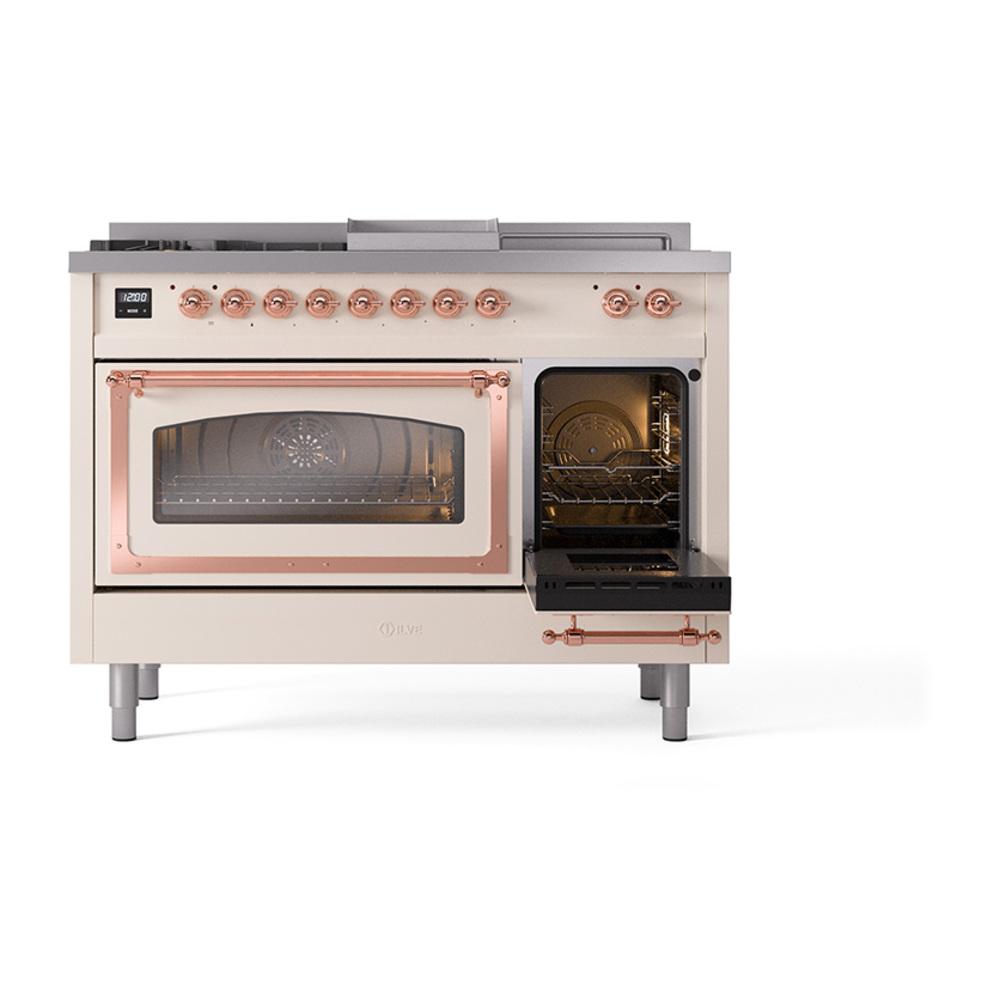 Ilve UN48FSNMPAWPLP Ilve Un48Fsnmpawplp Nostalgie Ii Noblesse 48" Dual Fuel Range (5 Sealed Burners + Griddle + French Top, Liquid Propane, Triple Glass Door, Antique White, Copper)