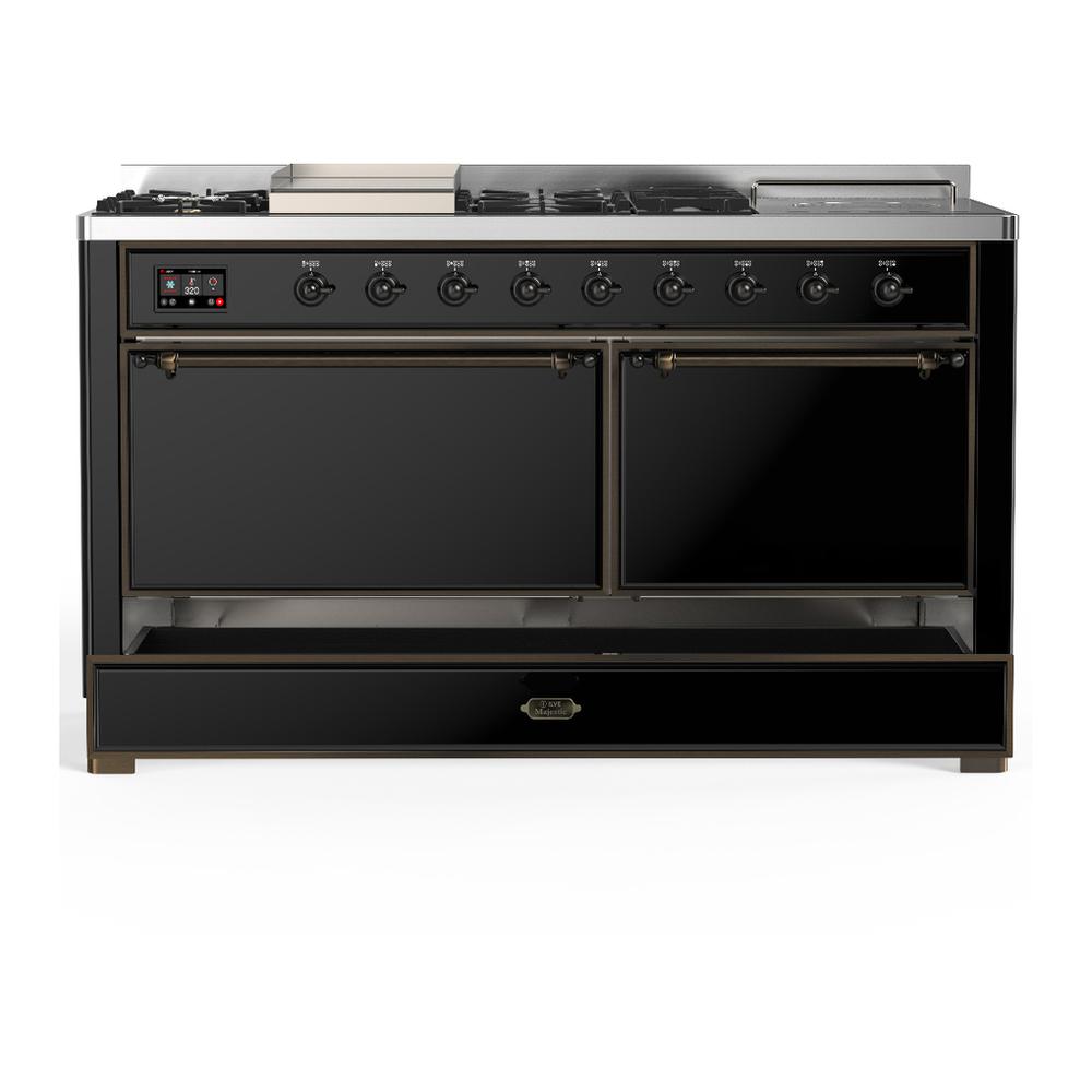 Ilve UM60FSQNR3BKB Ilve Um60Fsqnr3Bkb Majestic Iii 60 Inch Dual Fuel Range With 7 Burners, Griddle And French Top, Dual Function Burner With Up To 25,000 Btu (Natural Gas, Solid Door, Glossy Black, Burnished)