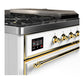 Ilve UM48FSQNR3WHGLP Ilve Um48Fsqnr3Whglp Majestic Iii 48 Inch Dual Fuel Range With 5 Black Brass Burners, Griddle And French Top, Dual Function Burner Up To 25,000 Btu (Liquid Propane, Solid Door, White, Brass)