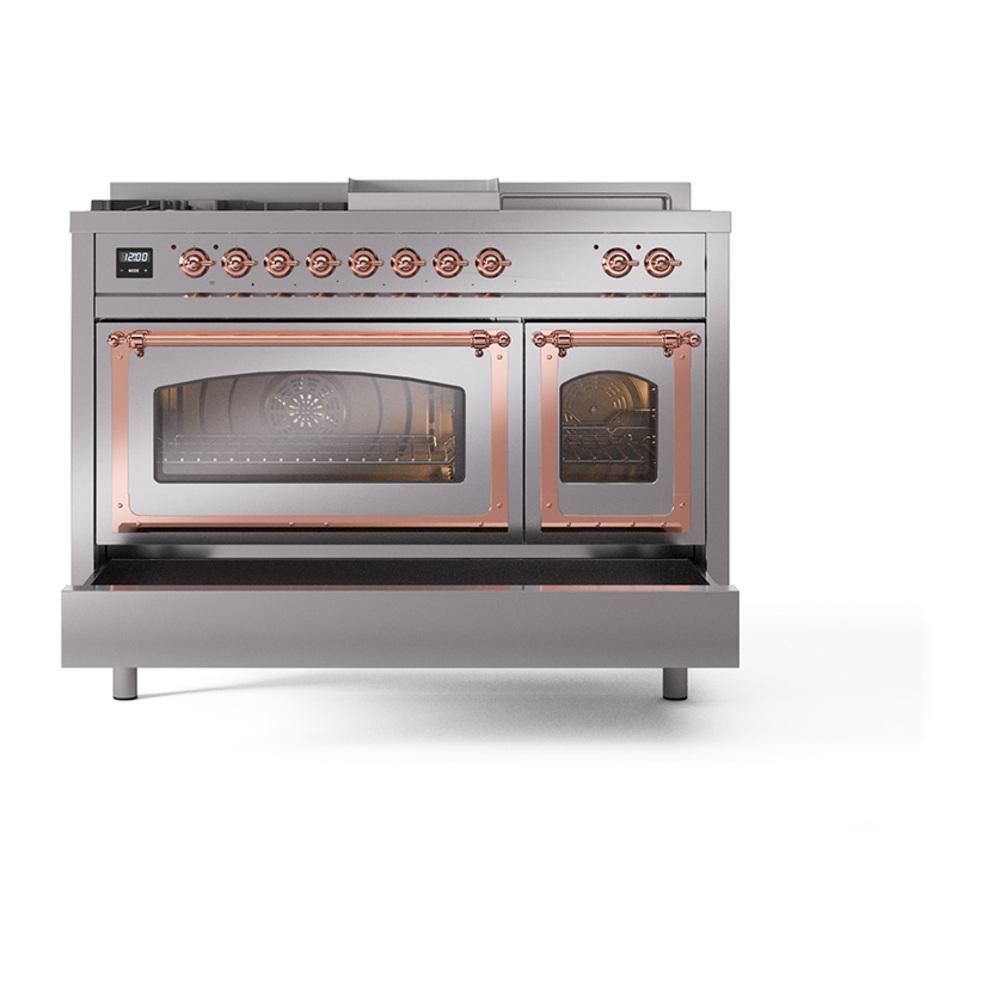 Ilve UN48FSNMPSSPLP Ilve Un48Fsnmpssplp Nostalgie Ii Noblesse 48" Dual Fuel Range (5 Sealed Burners + Griddle + French Top, Liquid Propane, Triple Glass Door, Stainless Steel, Copper)